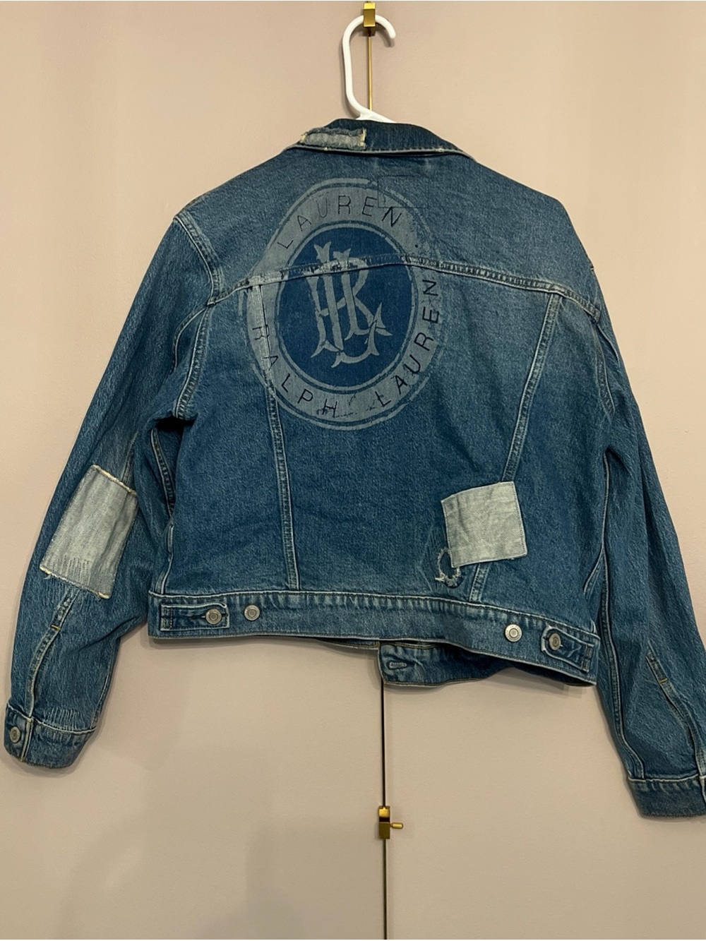 Lauren Ralph Lauren Denim Jean Jacket Women’s XL Logo Patchwork Distressed Blue